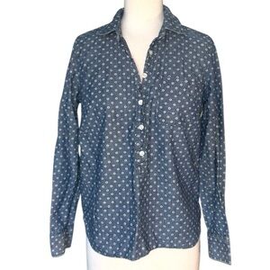 JCREW collared v neck button denim circle design 100% cotton long sleeve small